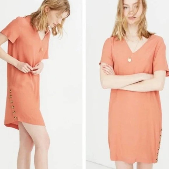 Madewell Dresses & Skirts - Madewell Peach V-Neck Shift Dress with Side Buttons Large NWT